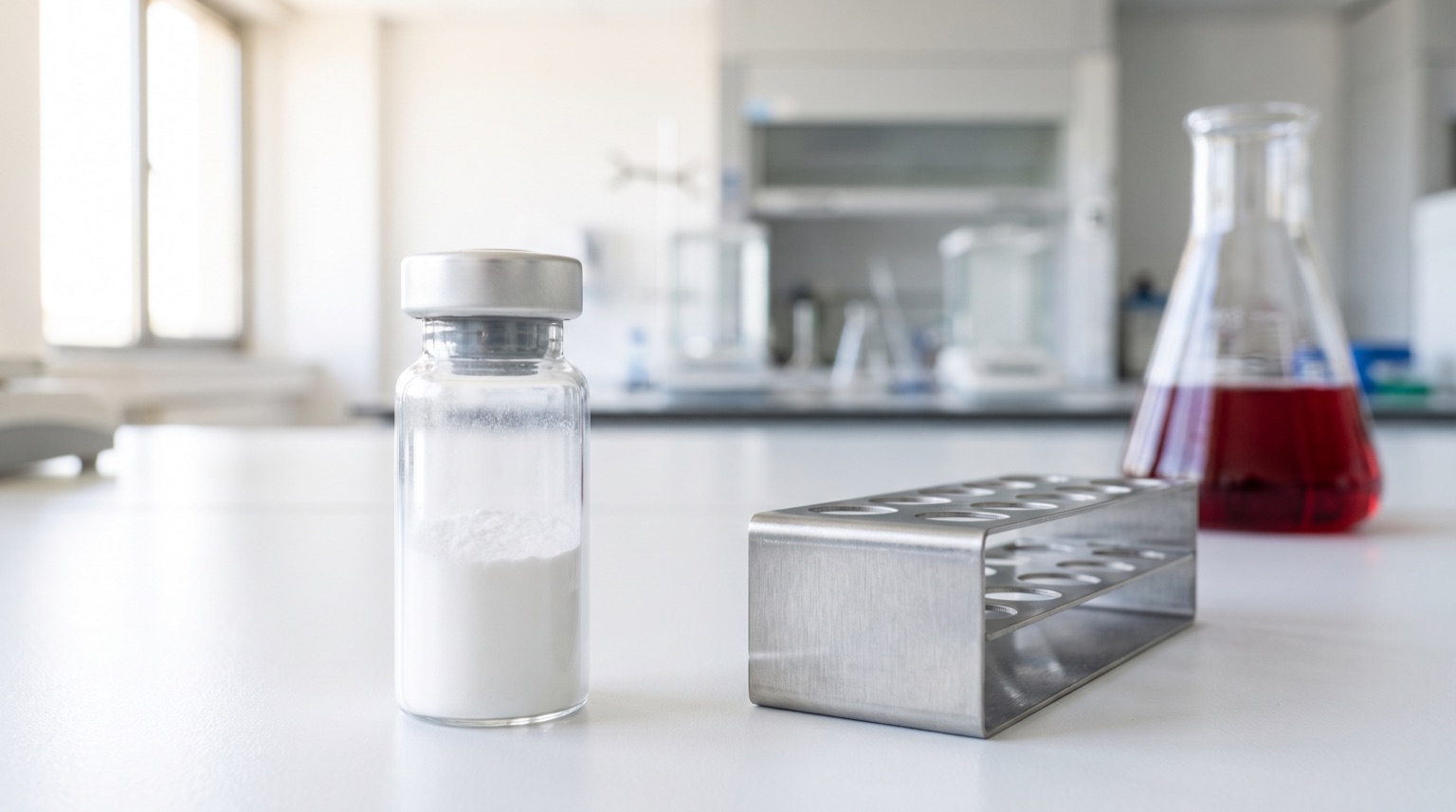 Vial de péptido de investigación sobre mesa de laboratorio con gradilla de acero