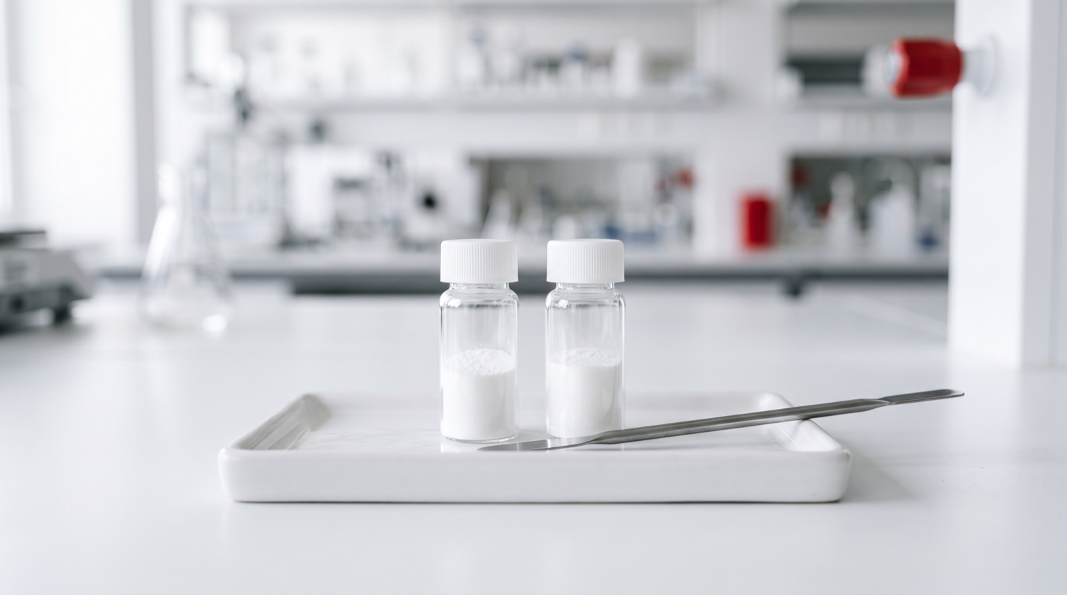 Dos viales de investigación sobre bandeja de laboratorio blanca