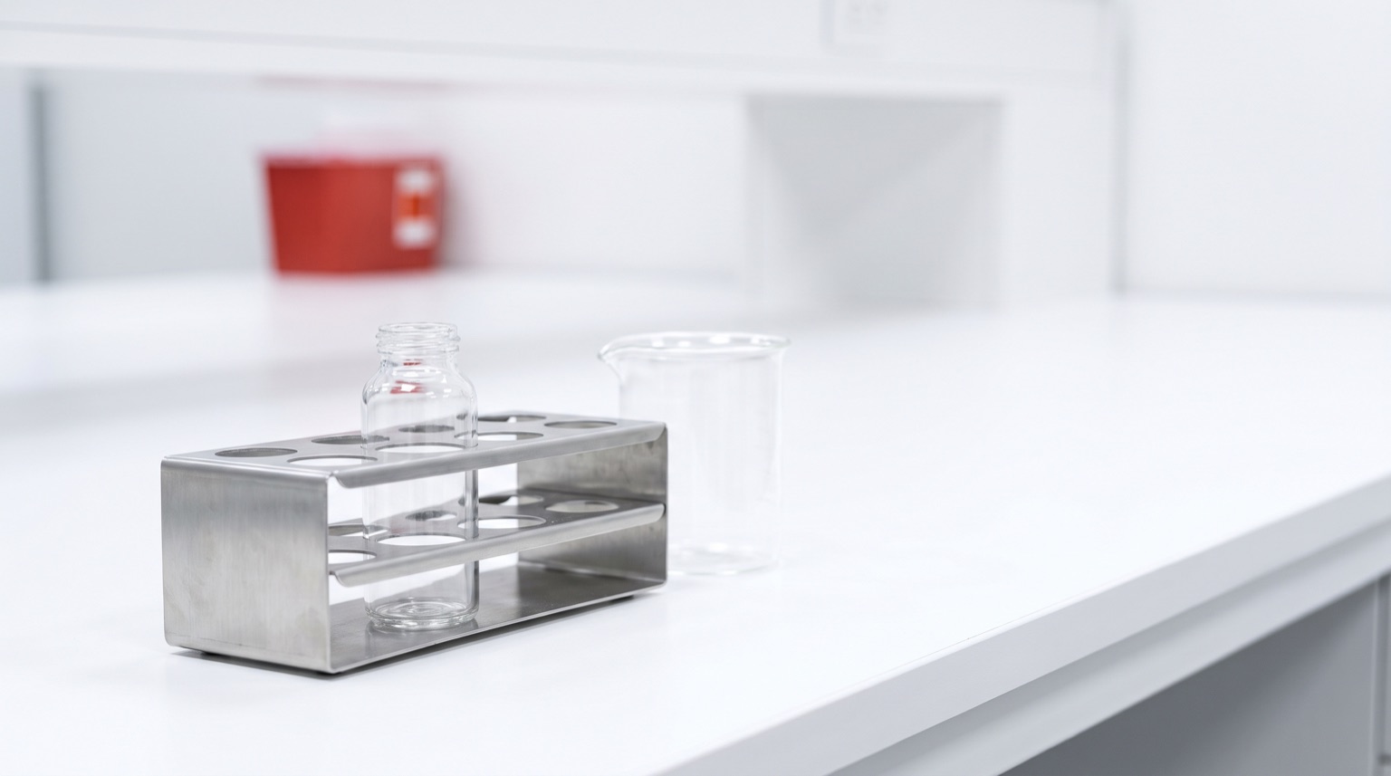 Gradilla de acero con vial y vaso de precipitado en laboratorio blanco