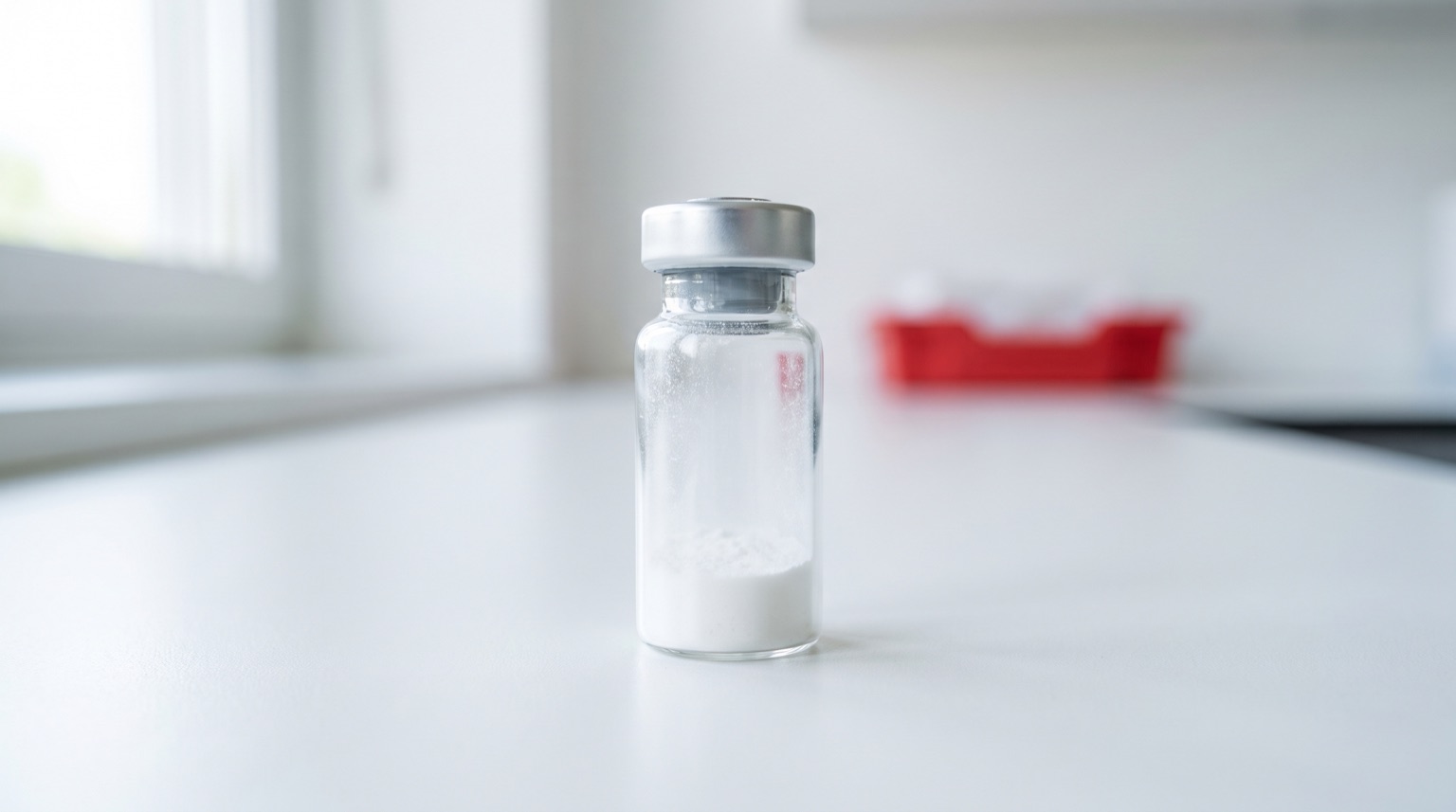 Vial de péptido de investigación sin etiqueta sobre mesa de laboratorio blanca