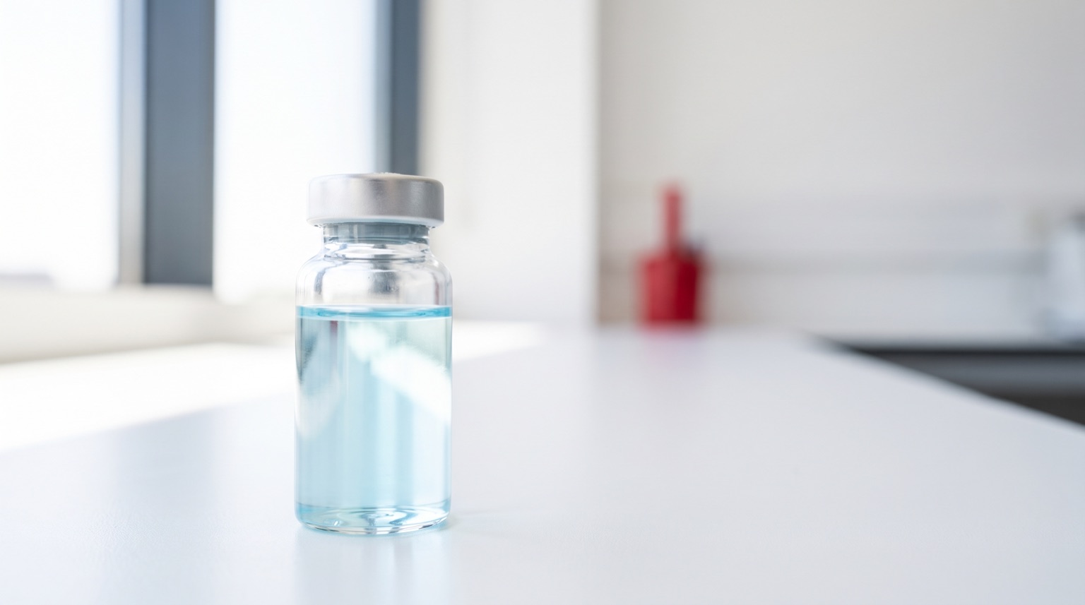 Vial con solución azul pálido característica del péptido de cobre GHK-Cu