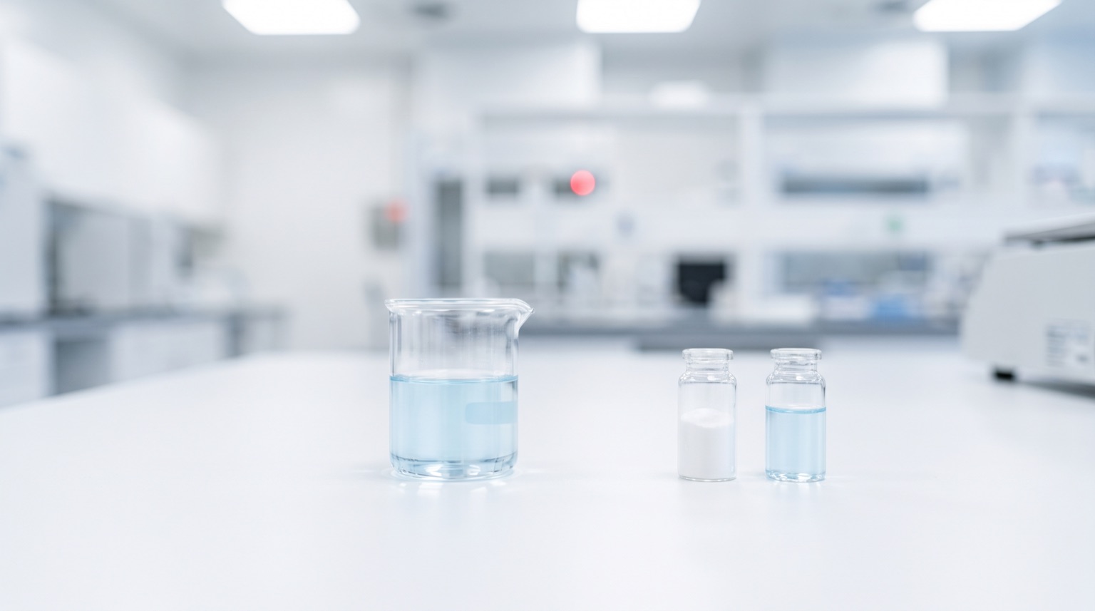 Vaso de precipitados con solución azul de cobre junto a viales en laboratorio