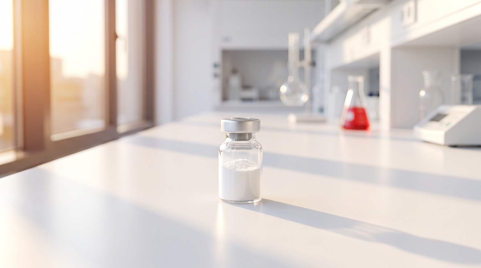 Vial de péptido de investigación bajo luz cálida de atardecer en laboratorio