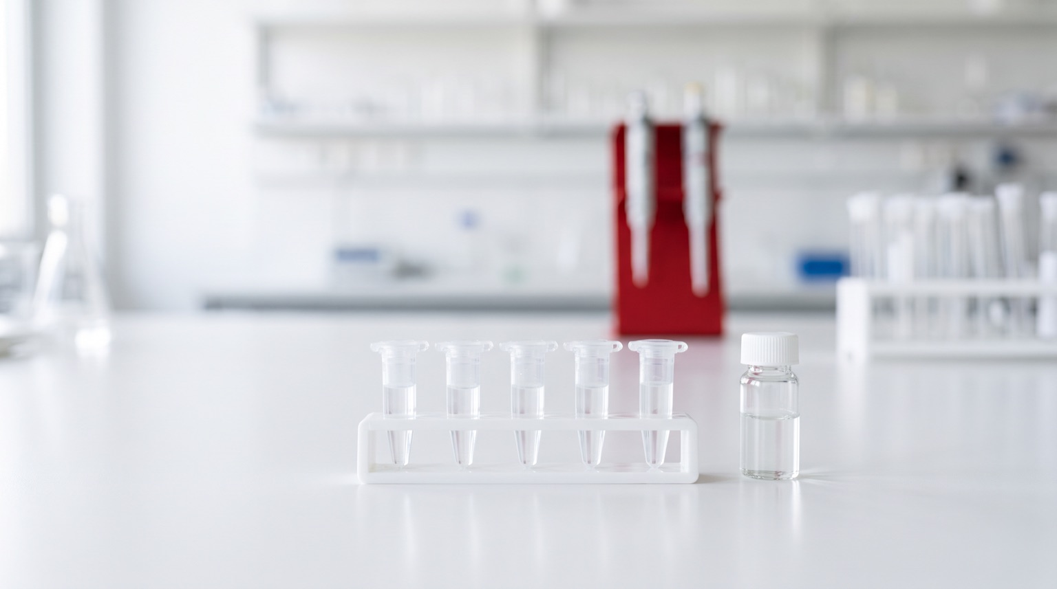 Tubos de laboratorio y vial sin etiqueta sobre mesa blanca con acento rojo al fondo
