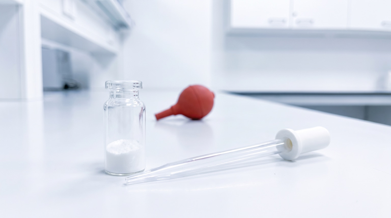 Vial de péptido de investigación sin etiqueta junto a pipeta en laboratorio blanco