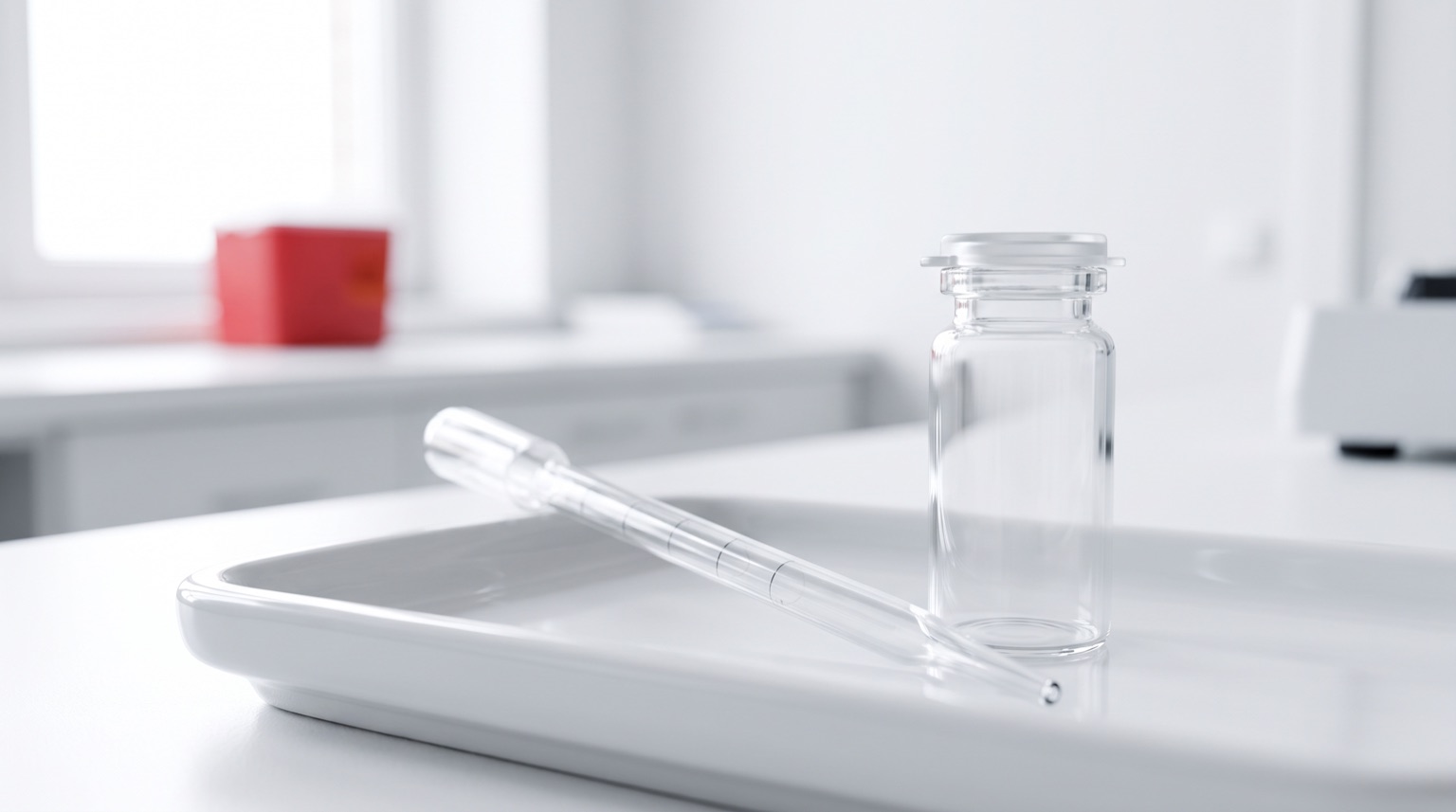 Micropipeta y vial de investigación sin etiqueta en bandeja de laboratorio