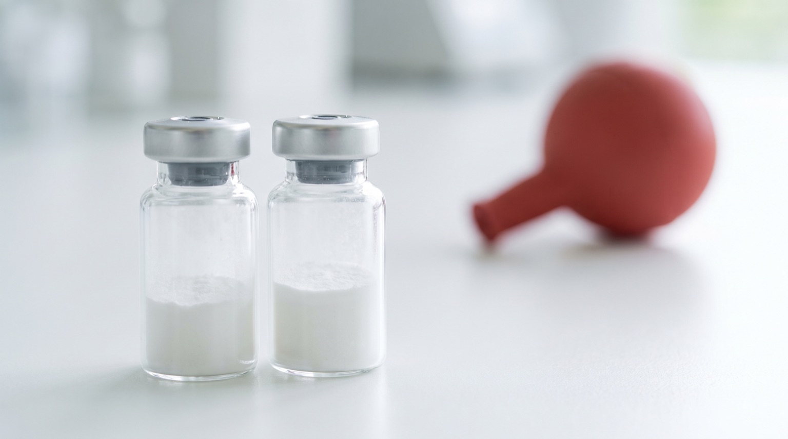 Viales de investigación sin etiqueta sobre mesa blanca de laboratorio
