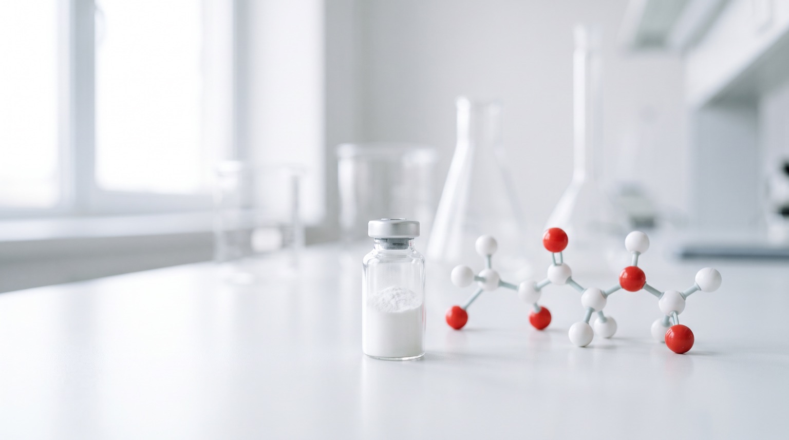 Vial de péptido junto a un modelo molecular en mesa de laboratorio