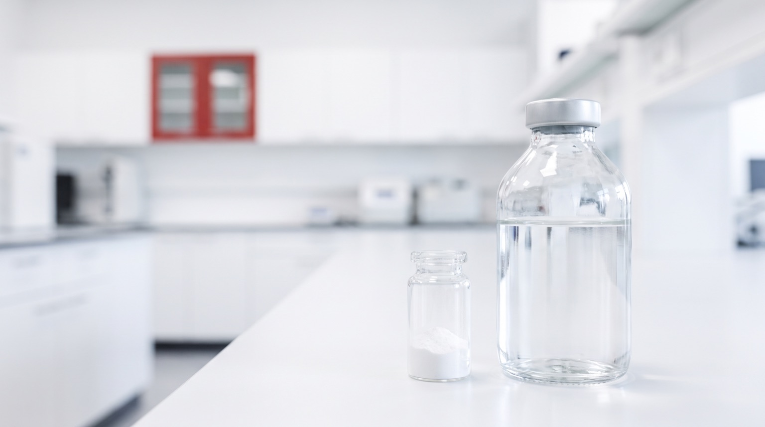 Vial de péptido junto a frasco de agua estéril en mesa de laboratorio