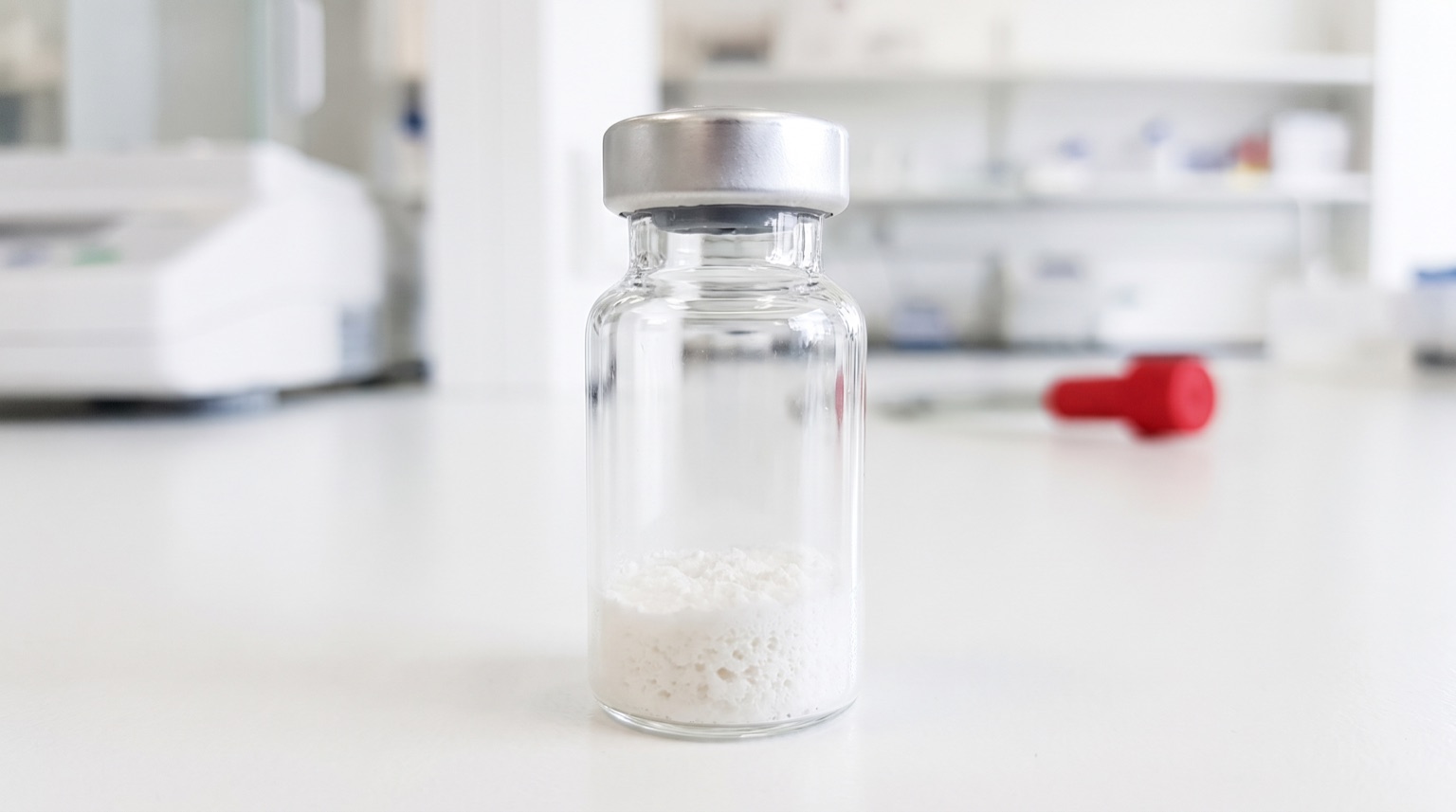 Macro de un vial de péptido liofilizado sin etiqueta en laboratorio