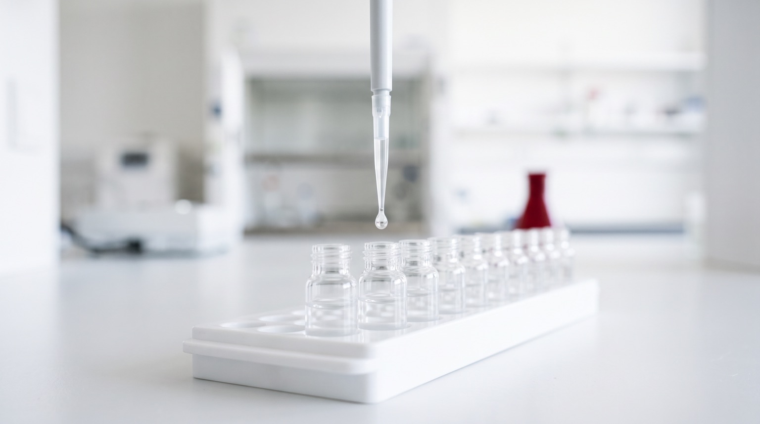Pipeta de laboratorio dosificando líquido en una fila de viales