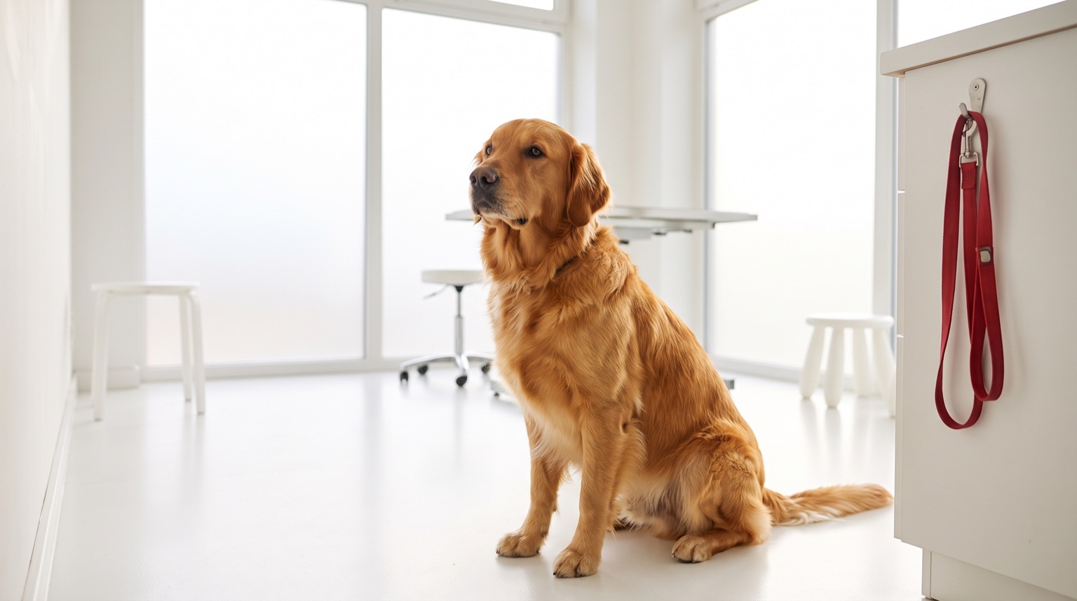 Golden retriever sentado tranquilo en una clínica veterinaria blanca y luminosa