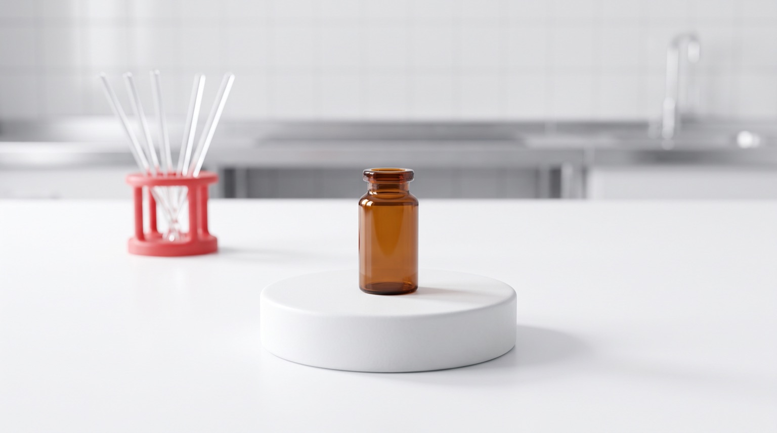 Vial ámbar de investigación sin etiqueta sobre pedestal blanco en laboratorio