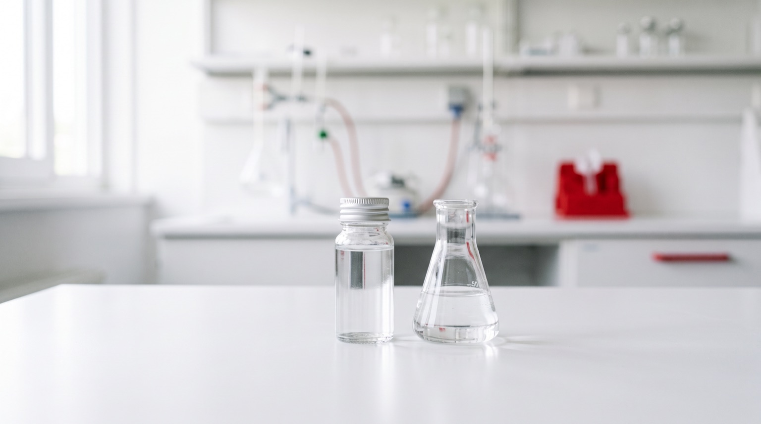 Vial de laboratorio sin etiqueta y matraz sobre mesa blanca de laboratorio