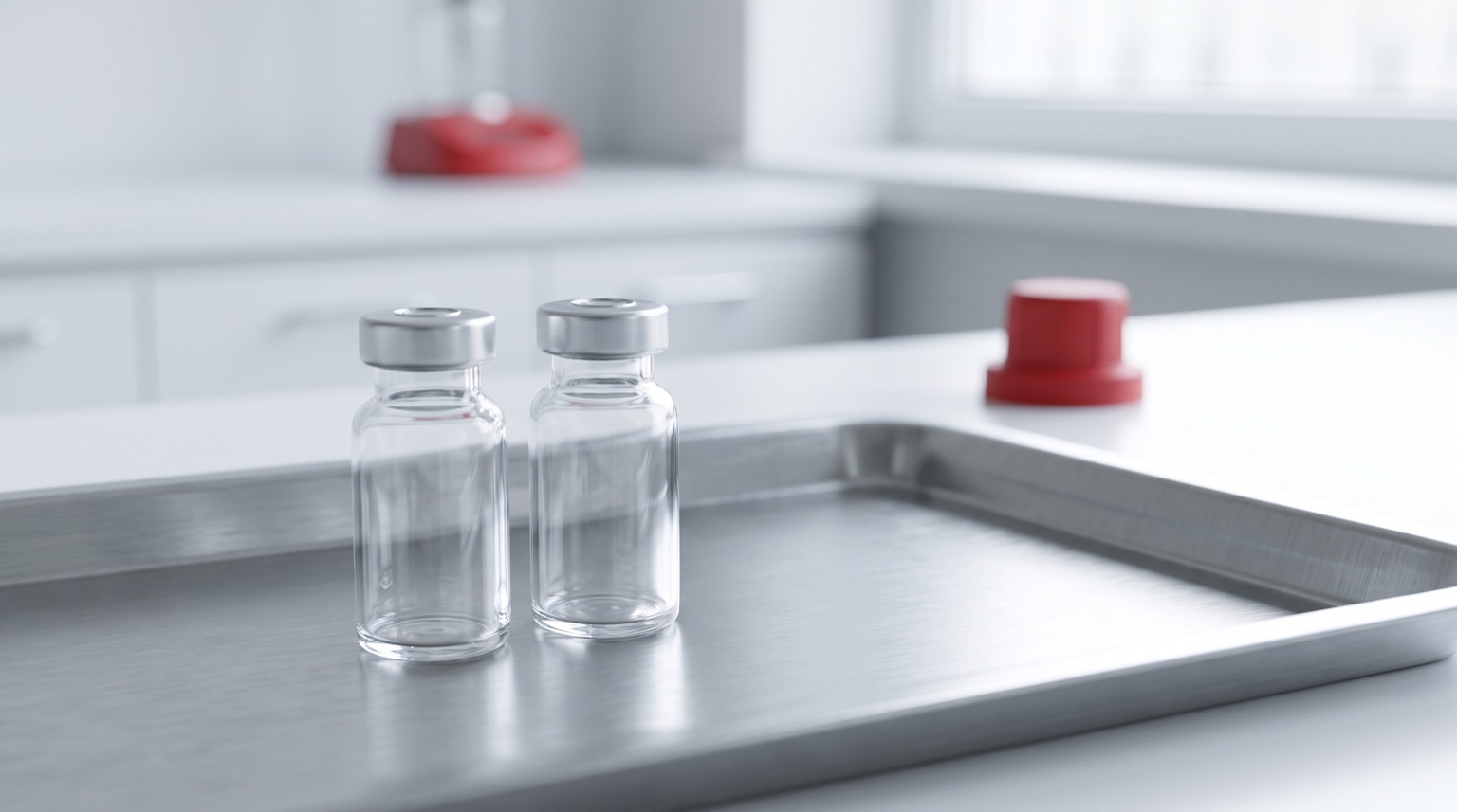 Dos viales de péptido de investigación sin etiqueta sobre bandeja de acero en laboratorio blanco