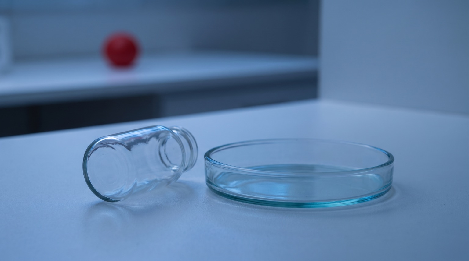 Vial de laboratorio sin etiqueta junto a material de vidrio bajo luz nocturna tenue