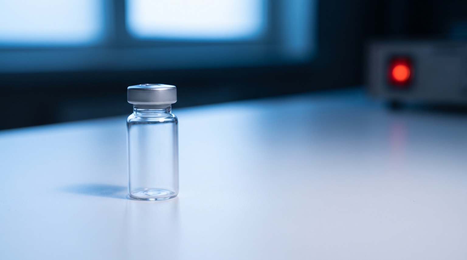 Vial de investigación sin etiqueta bajo luz azul tenue en laboratorio blanco