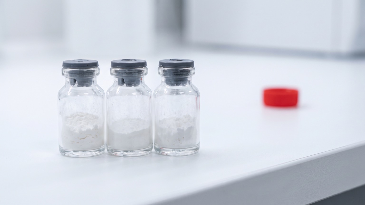 Tres viales de péptido de investigación sin etiqueta en fila sobre mesa de laboratorio blanca