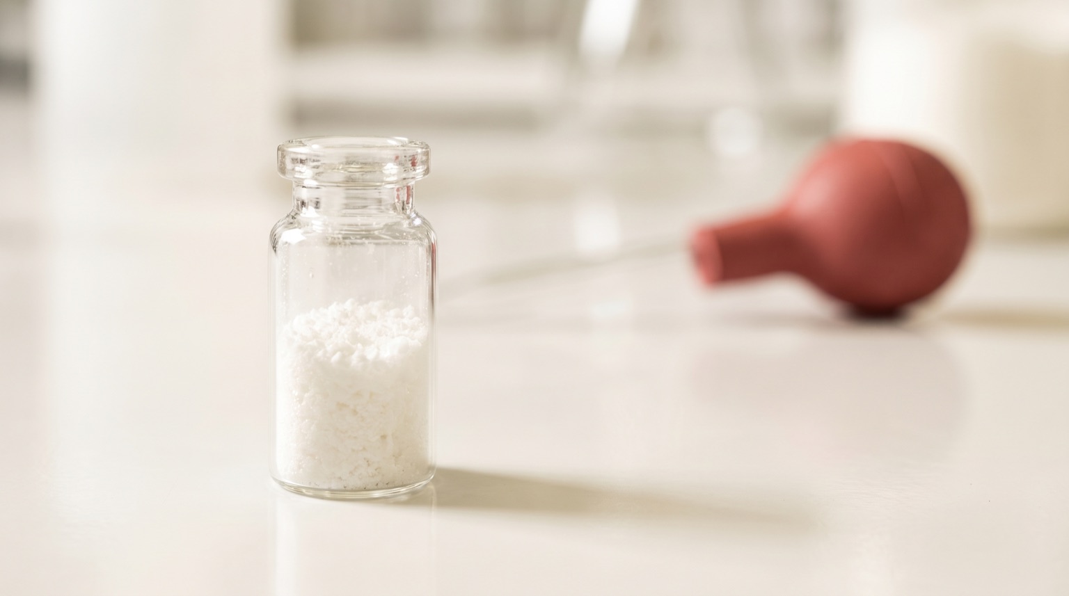 Vial pequeño de péptido de investigación sin etiqueta sobre superficie blanca pulida