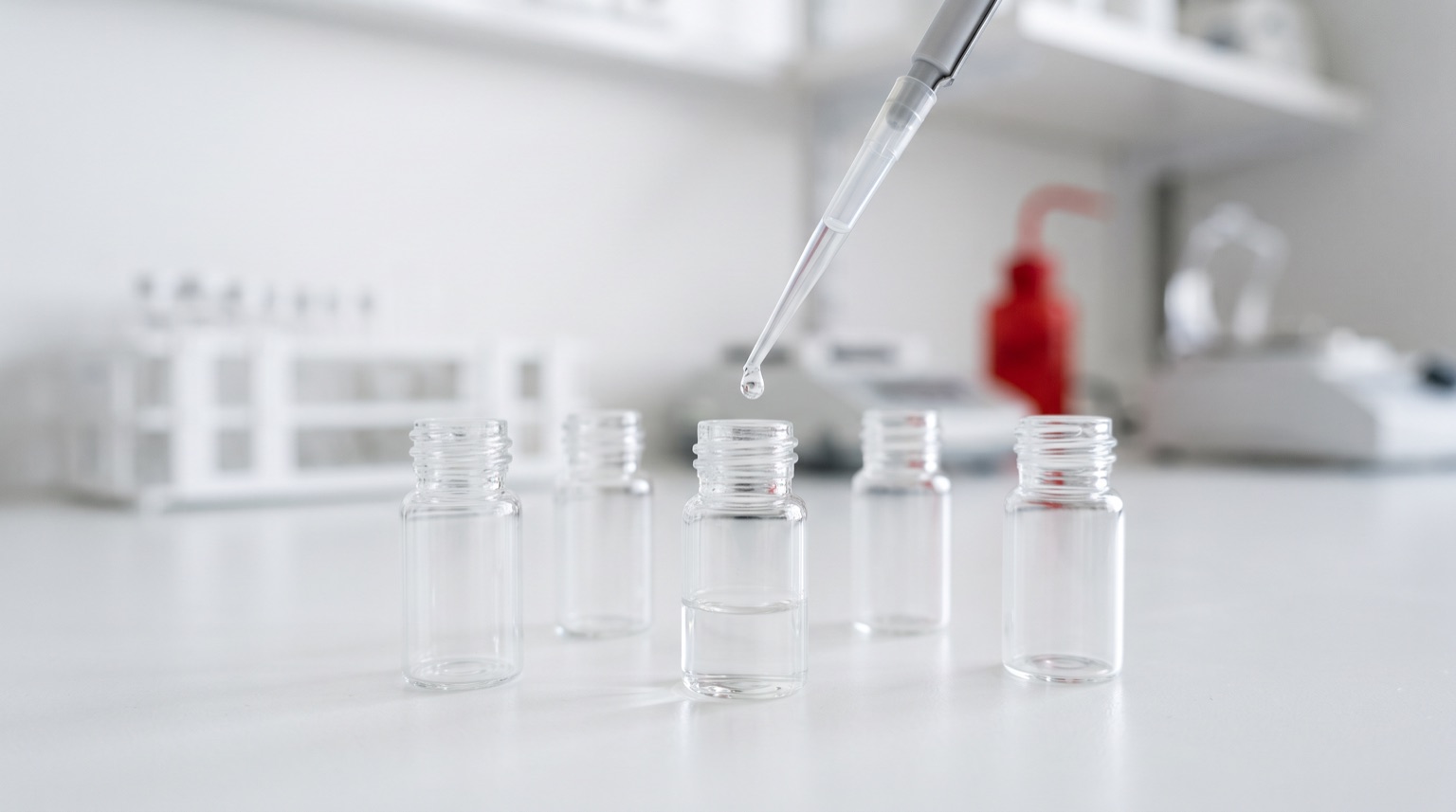 Pipeta de laboratorio dispensando líquido en vial sin etiqueta sobre mesa blanca