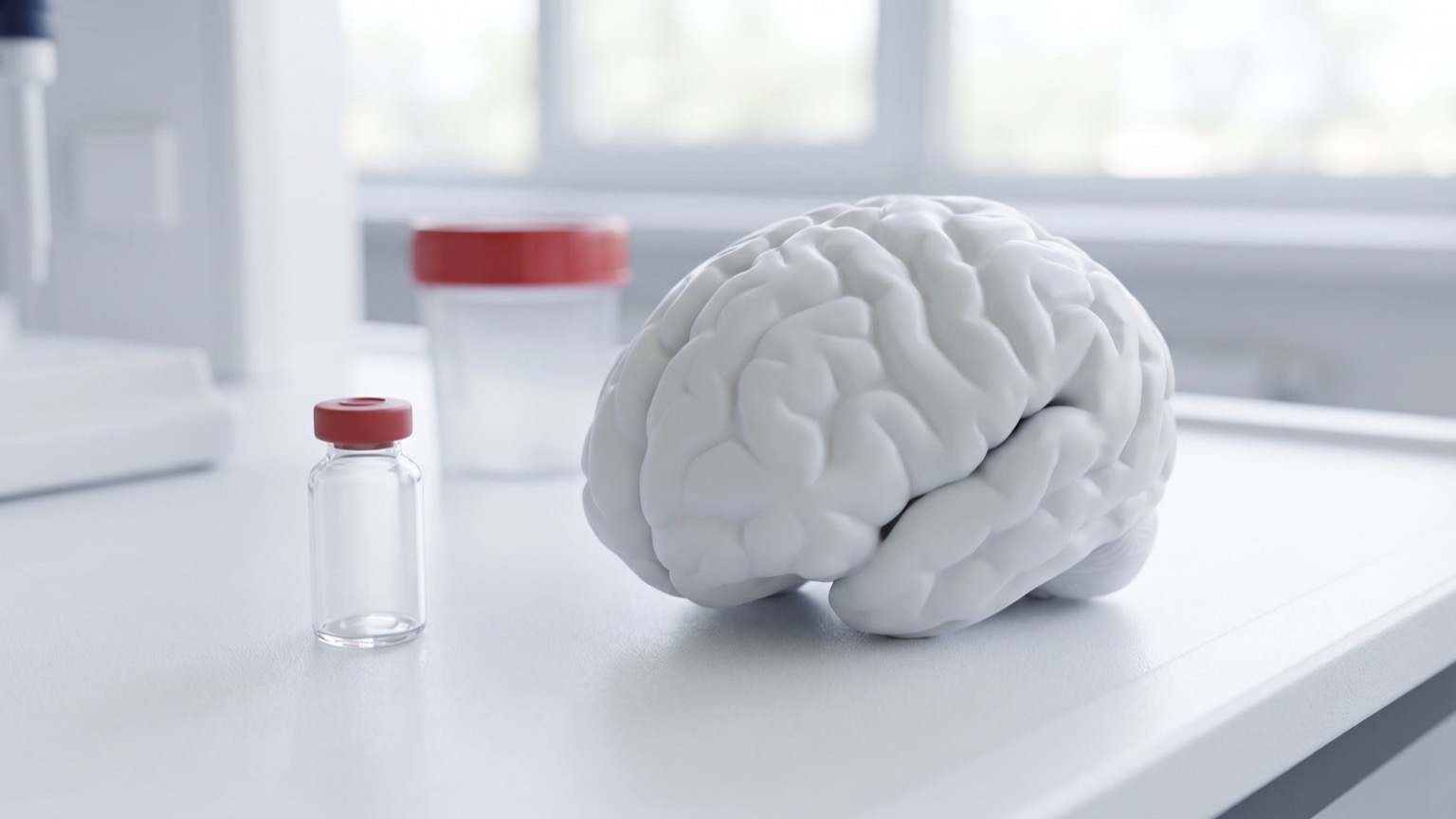 Modelo anatómico de cerebro blanco junto a vial sin etiqueta en mesa de laboratorio