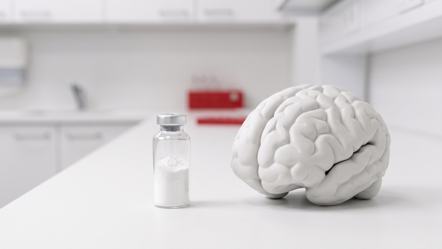 Vial de péptido de investigación junto a modelo anatómico de cerebro en laboratorio blanco