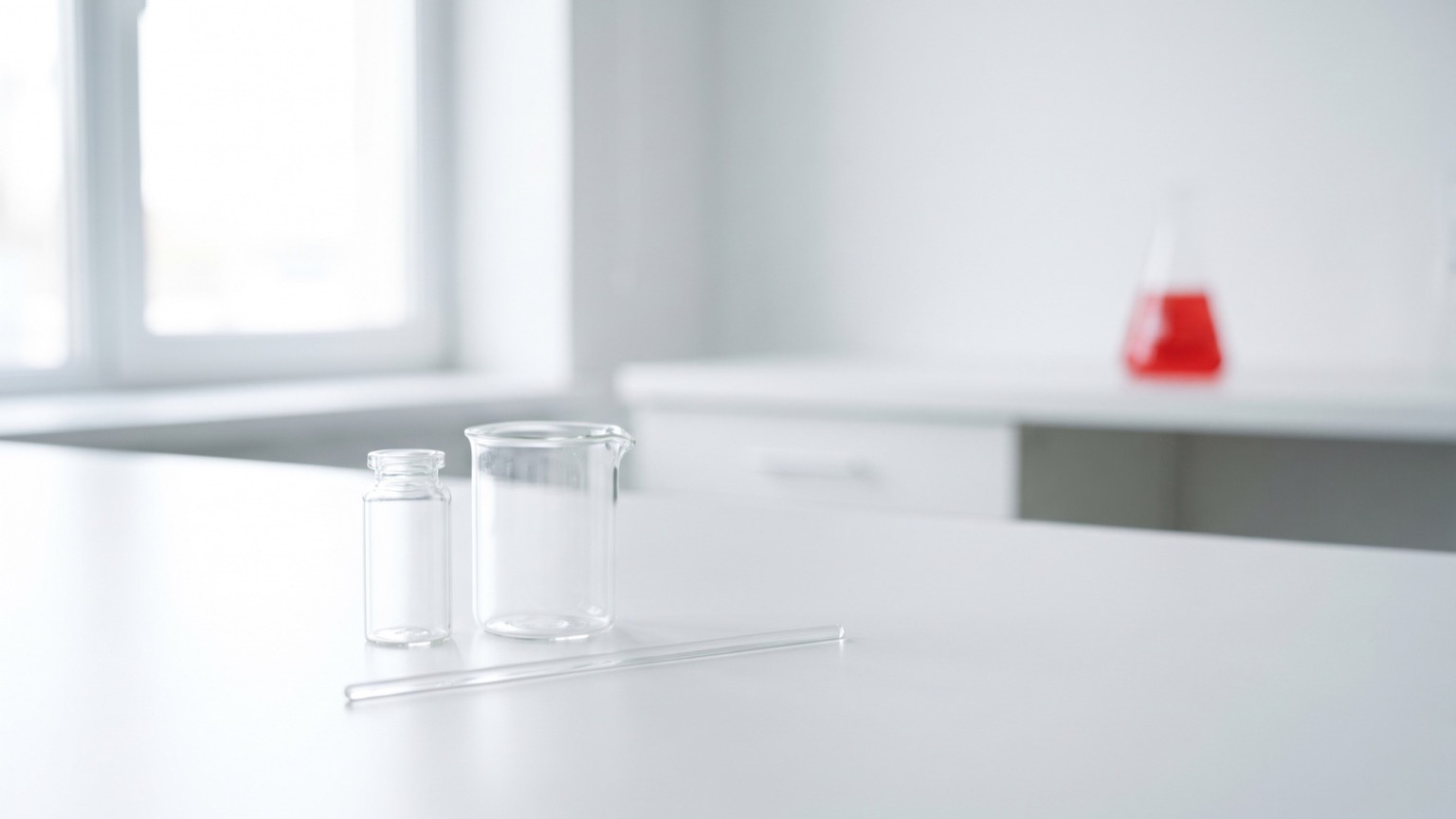 Material de vidrio de laboratorio con vial y vaso de precipitados en mesa blanca