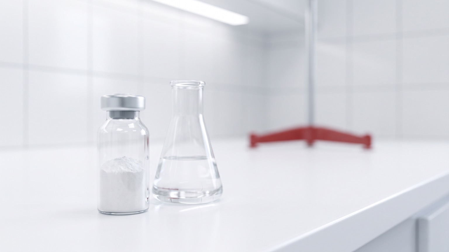 Vial de péptido de investigación junto a matraz Erlenmeyer en laboratorio blanco