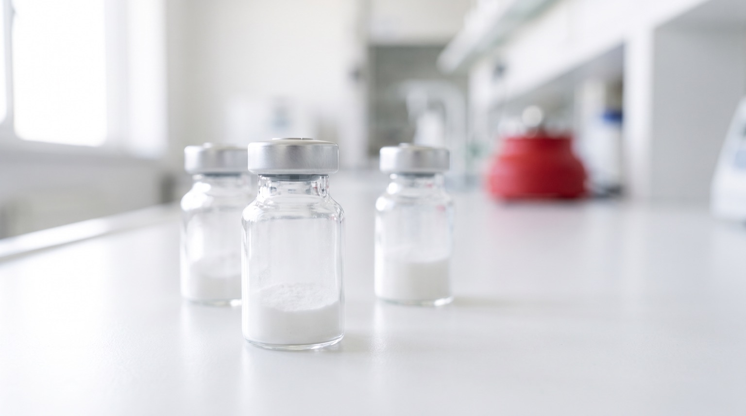 Tres viales de investigación sin etiqueta en mesa de laboratorio blanca