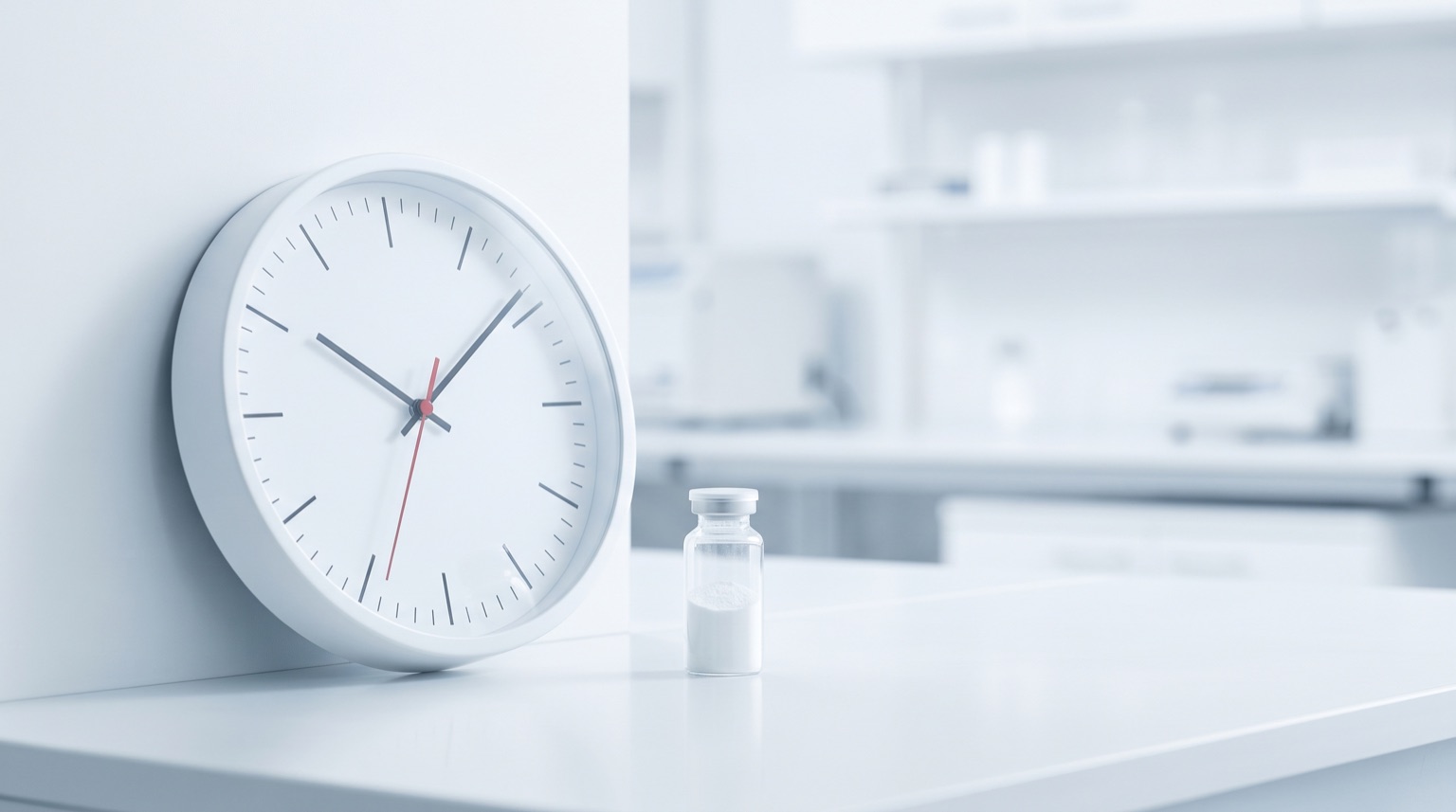 Reloj minimalista sin números junto a un vial, metáfora de la liberación pulsátil
