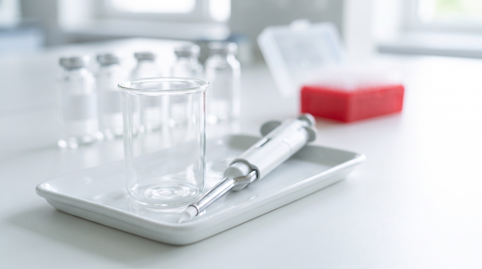 Estación limpia de laboratorio con micropipeta y vaso de precipitados sobre bandeja blanca