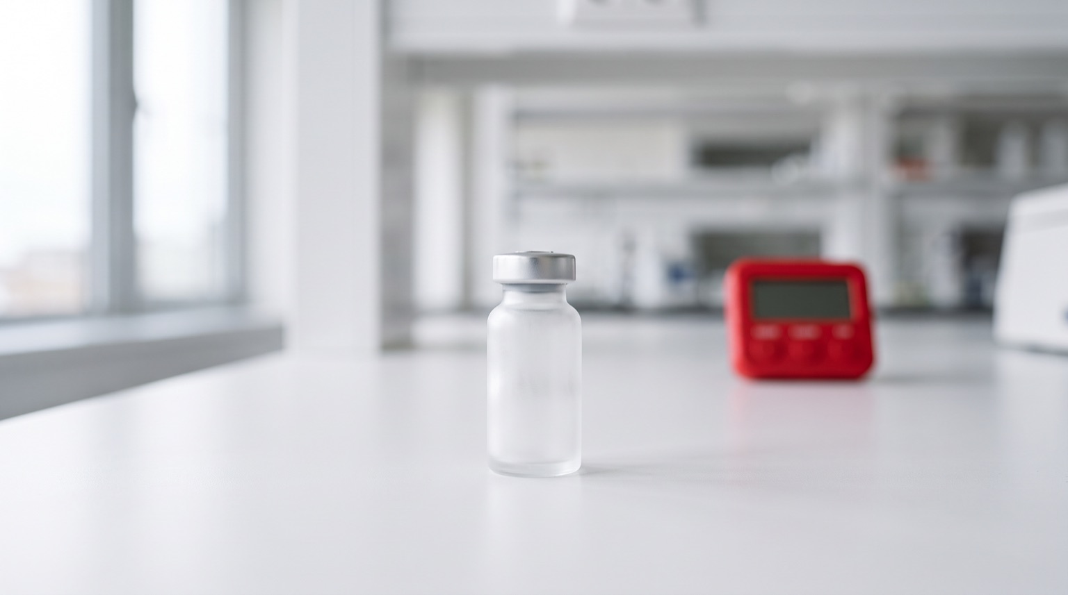 Vial de péptido de investigación sin etiqueta sobre superficie blanca de laboratorio