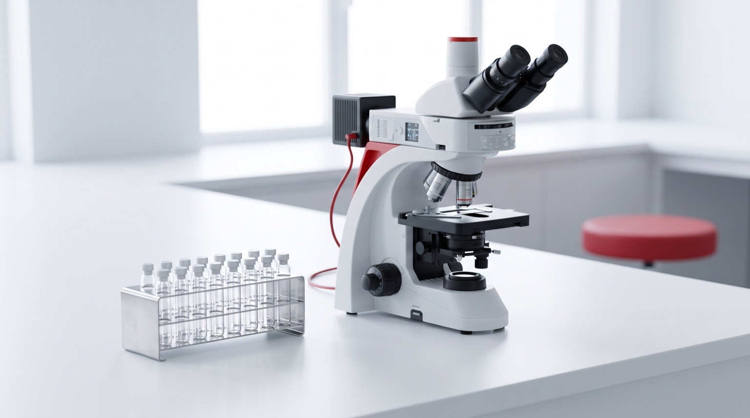 Microscopio de investigación junto a gradilla con viales en laboratorio blanco