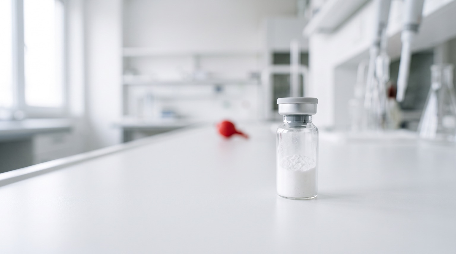 Vial de péptido de investigación sin etiqueta sobre mesa de laboratorio blanca