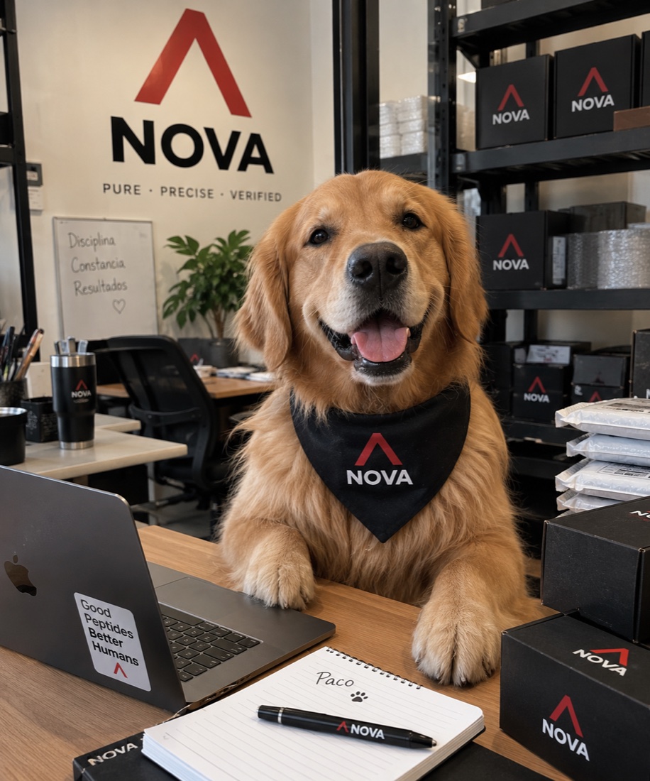 Paco, el perro de la oficina de Nova Peptides, con su paliacate de la marca
